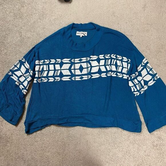 NWOT WildFox Women’s Small Blue Knit Screen Print Oversized Sweater Puff Sleeves - Picture 1 of 4